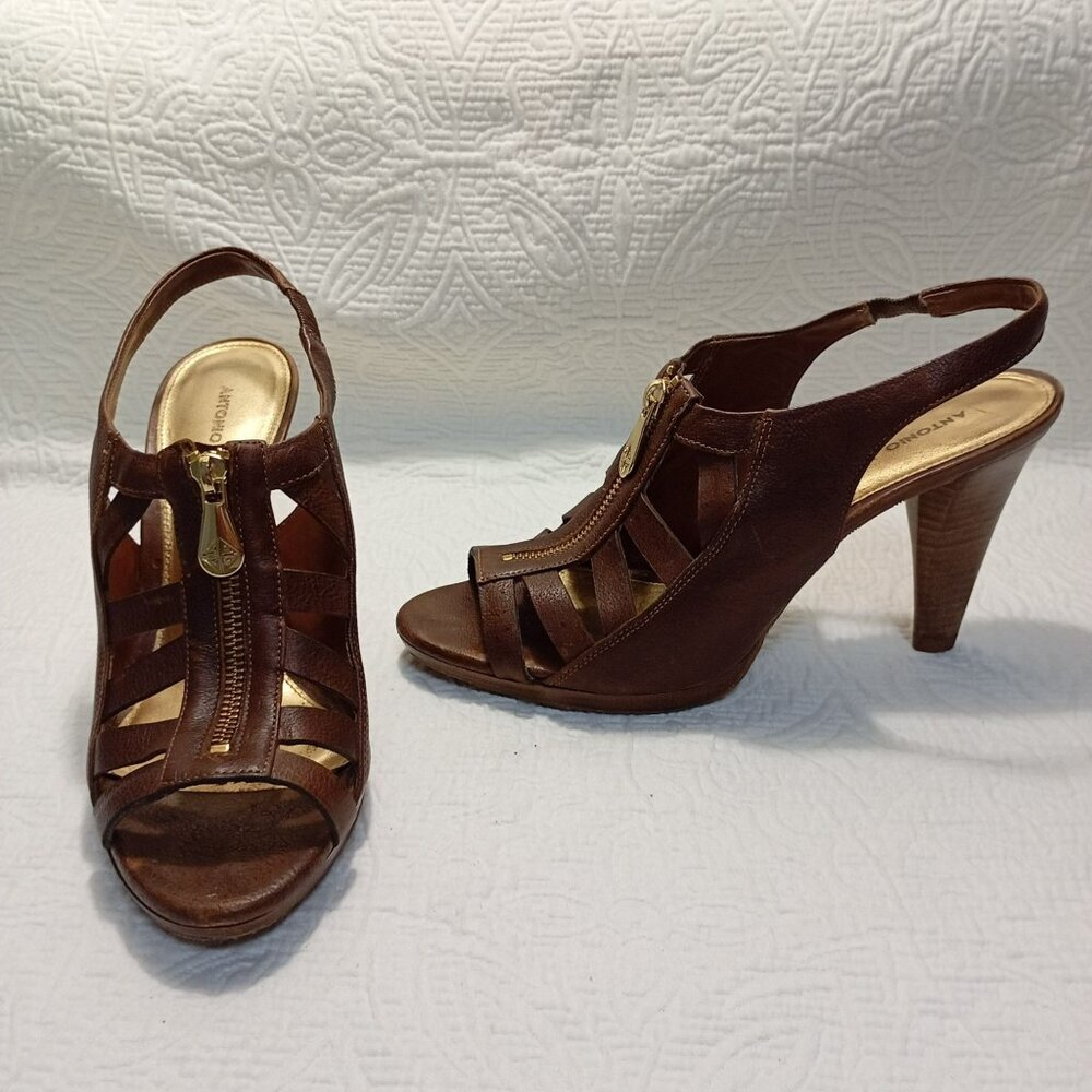 Antonio Melani Brown Leather Slingback Heels Gold Zipper Detail Women’s Size 10M